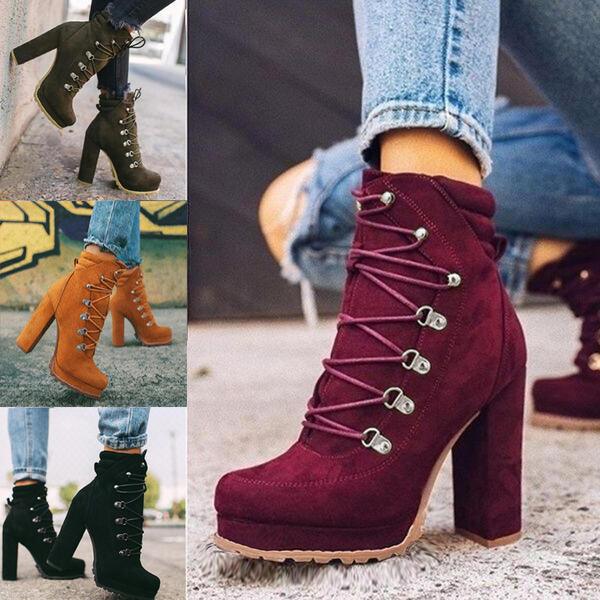 Ladies Chunky Round Toe Lace Up High Heel Mid Calf Boots