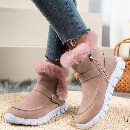 Ladies Warm Plush Ankle Snow Boots With Buckle Design