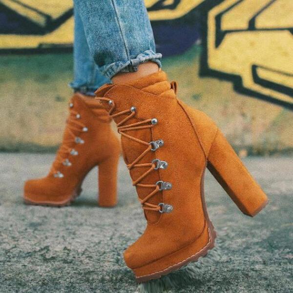 Ladies Chunky Round Toe Lace Up High Heel Mid Calf Boots