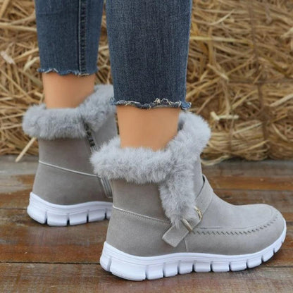 Ladies Warm Plush Ankle Snow Boots With Buckle Design