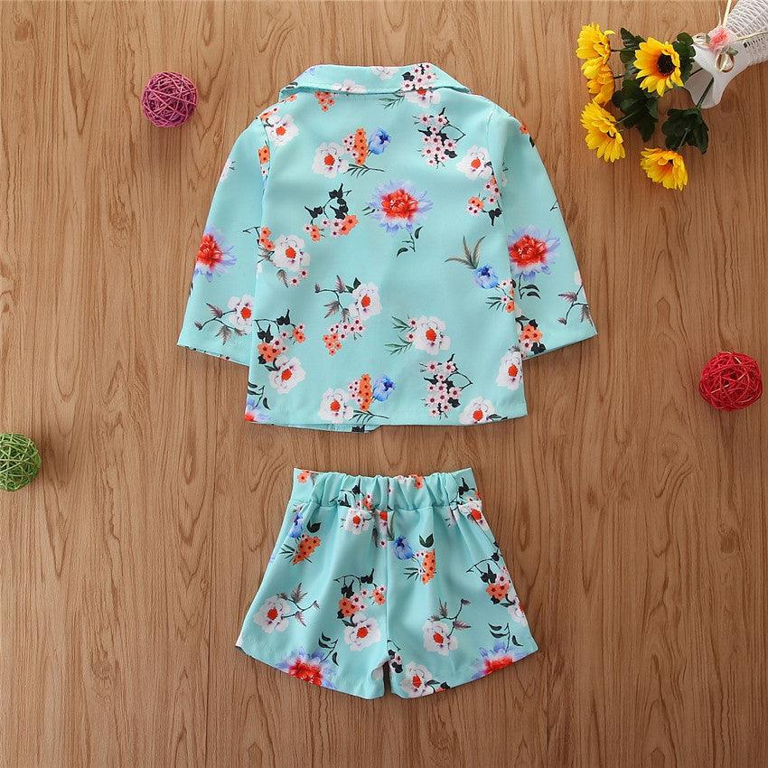 Girls Western Style Flower Suit Jacket & Shorts Outfit Sets