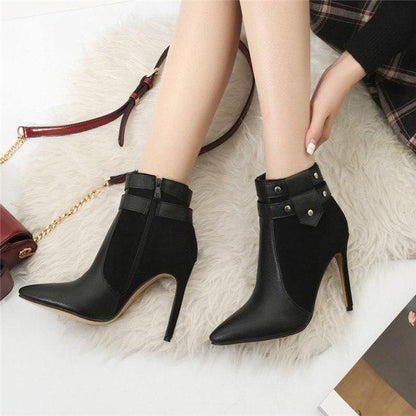 Ladies Retro Buckle Strap Rivets Ankle High Heel Boots Plus Size-Stiletto