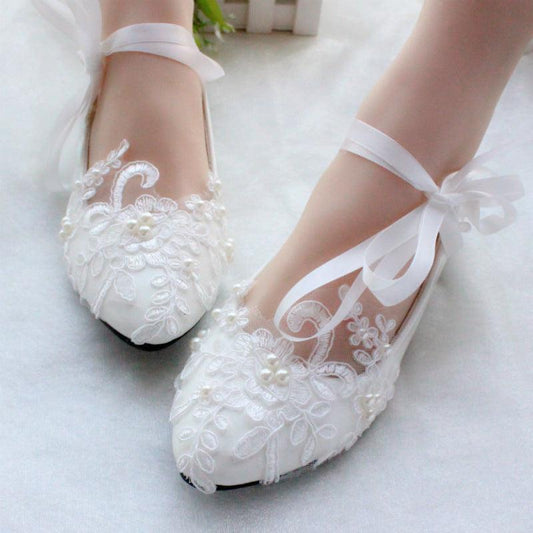 wedding bridal shoes White flat lace