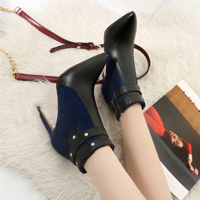 Ladies Retro Buckle Strap Rivets Ankle High Heel Boots Plus Size-Stiletto