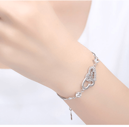 Beautiful Sterling Silver Diamante Bracelet Double Heart