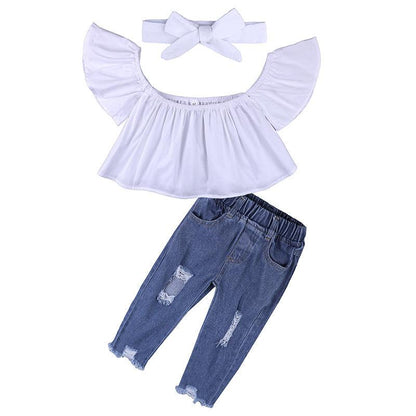 Girls' Ruffle Top Jeans & Headband Set