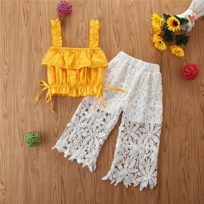 Girls' Yellow Camisole & White Lace Trouser Outfit Set