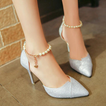 Ladies Pearl Bead Sequined Pointed 10cm High Heel Shoes