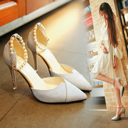 Ladies Pearl Bead Sequined Pointed 10cm High Heel Shoes