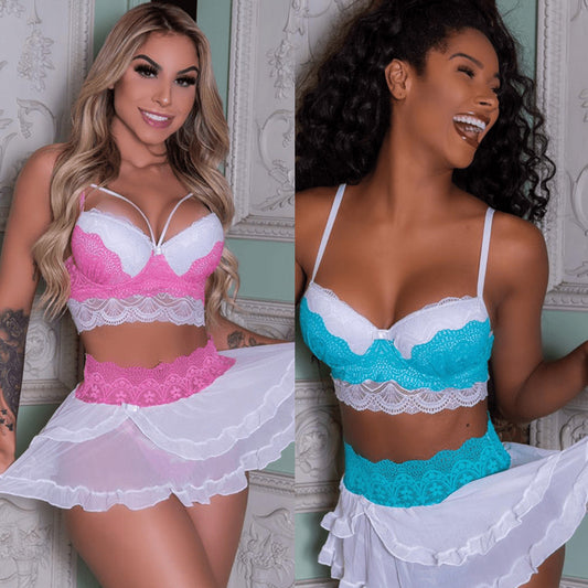 Women's Baby doll Pyjamas-Dress-Thong Lingerie Lace Bra Set