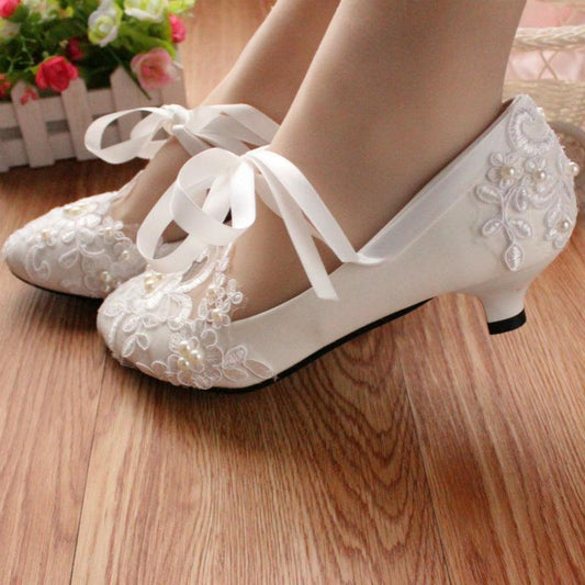 Bridal Shoes - Cute White Lace With Kitty Heel & White Ribbon Tie Strap