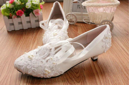 Bridal Shoes - Cute White Lace With Kitty Heel & White Ribbon Tie Strap