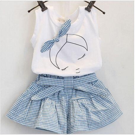 Girls Short Sleeve Shirt Skirt  Cartoon Girl Bow Cotton Outfit Sets