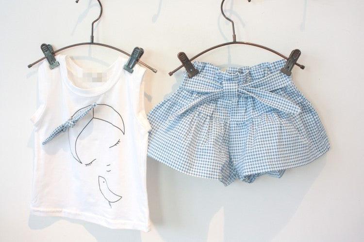 Girls Short Sleeve Shirt Skirt  Cartoon Girl Bow Cotton Outfit Sets