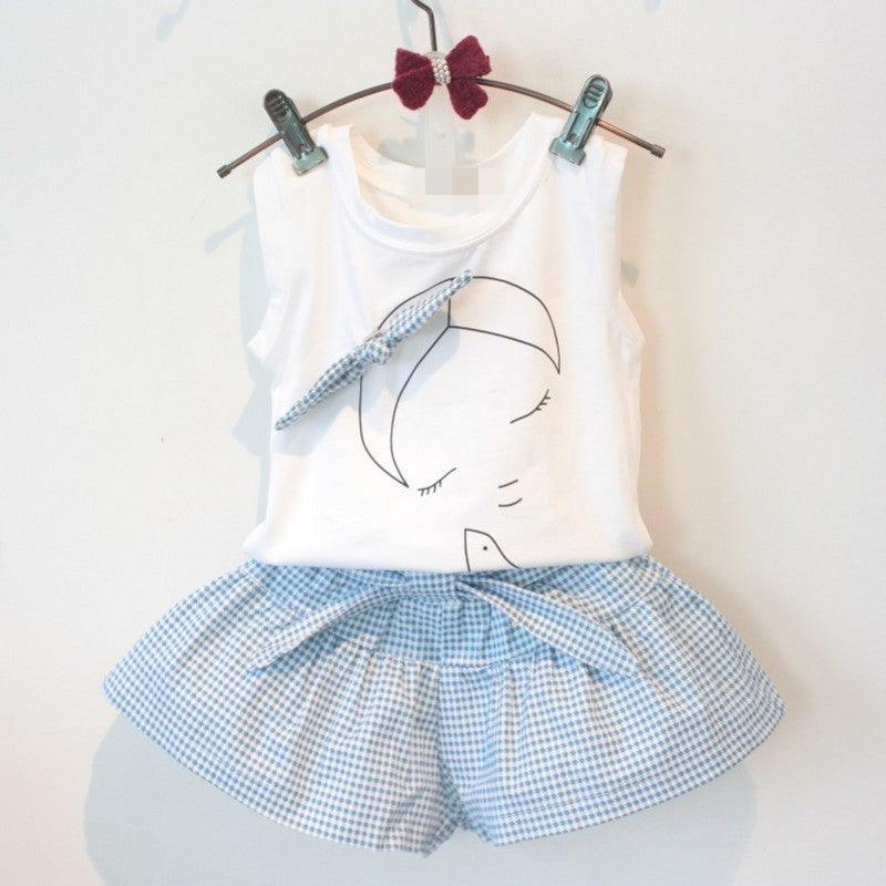 Girls Short Sleeve Shirt Skirt  Cartoon Girl Bow Cotton Outfit Sets