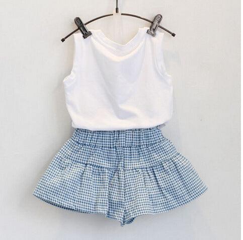 Girls Short Sleeve Shirt Skirt  Cartoon Girl Bow Cotton Outfit Sets