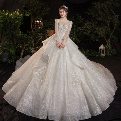 Beautiful Dazzling In Detail Style Princess Wedding Dress - French Temperament Dream Long-sleeved Retro & Trail