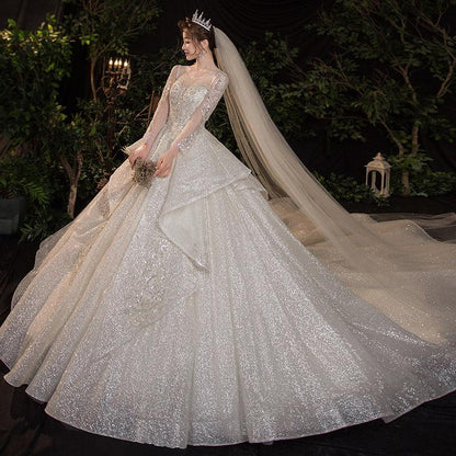 Beautiful Dazzling In Detail Style Princess Wedding Dress - French Temperament Dream Long-sleeved Retro & Trail