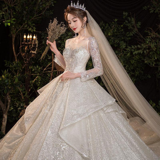 Beautiful Dazzling In Detail Style Princess Wedding Dress - French Temperament Dream Long-sleeved Retro & Trail