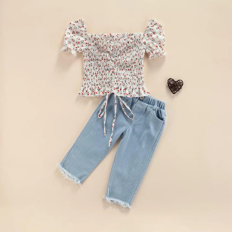 Girls Bubble Floral Plastic Waist Top & Denim Pants Outfit Set