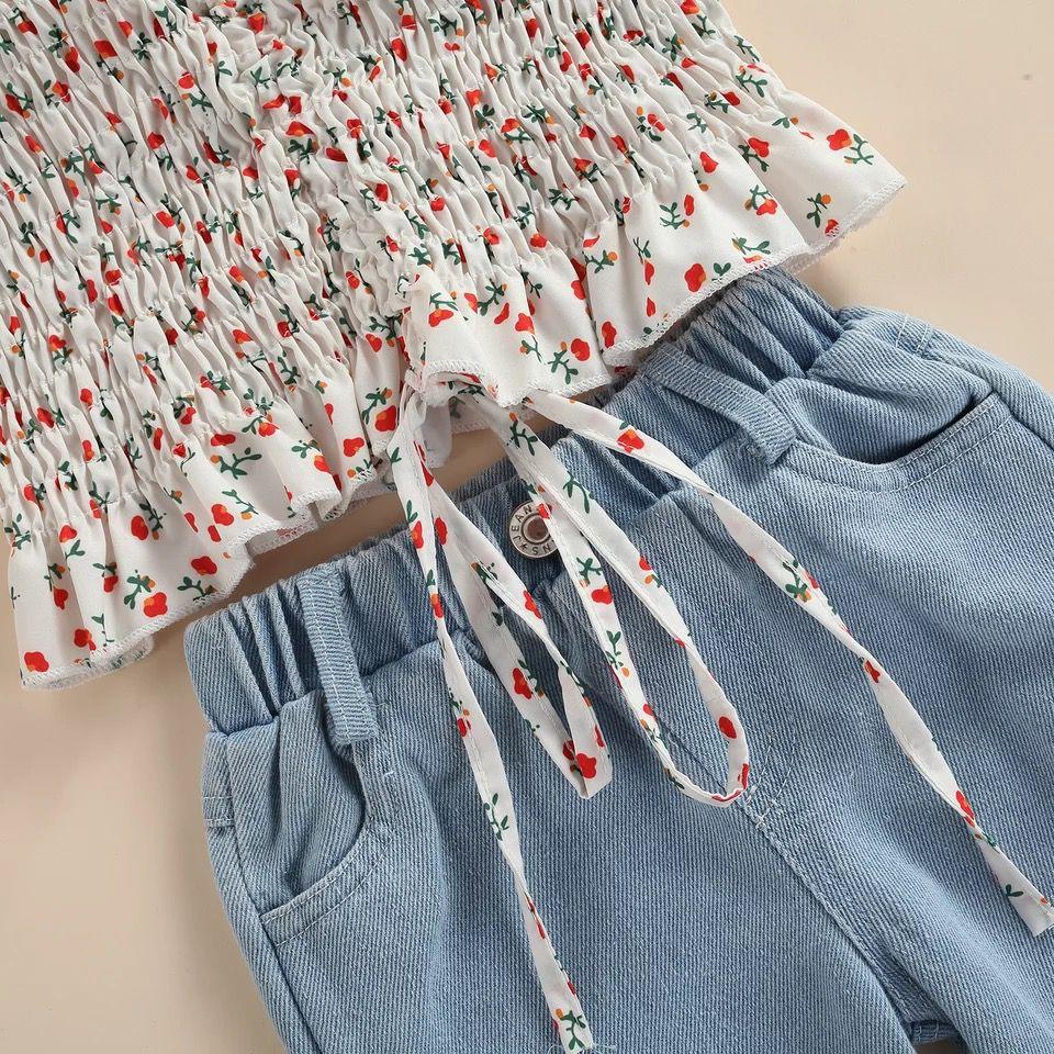 Girls Bubble Floral Plastic Waist Top & Denim Pants Outfit Set