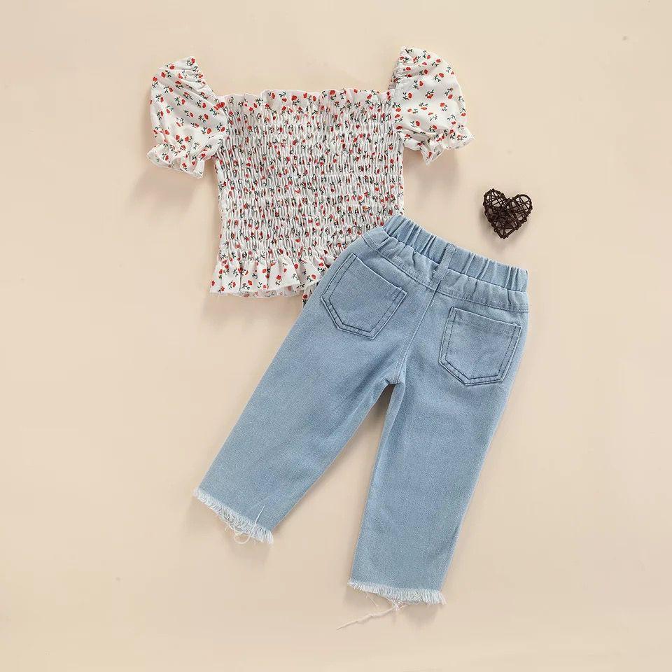 Girls Bubble Floral Plastic Waist Top & Denim Pants Outfit Set