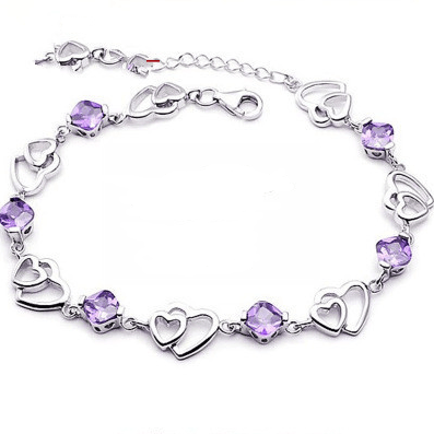 Amethyst Bracelet Silver Bracelet Double Heart