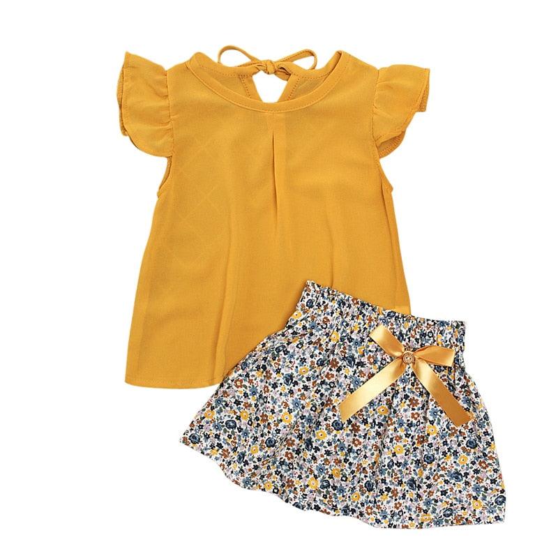 Girls' Little Flying Sleeve Top + Bowknot Floral Short Skirt Outfit Set