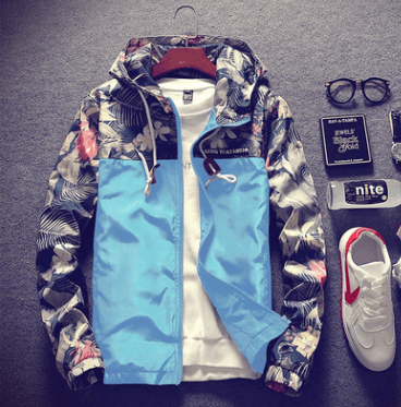 Men Light Floral Print Hooded Jacket Summer Trend Flower Coat