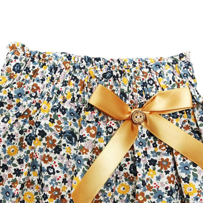 Girls' Little Flying Sleeve Top + Bowknot Floral Short Skirt Outfit Set