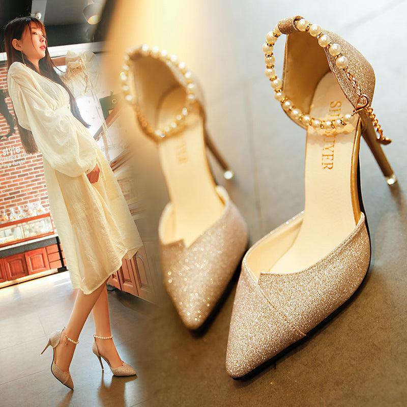 Ladies Pearl Bead Sequined Pointed 10cm High Heel Shoes