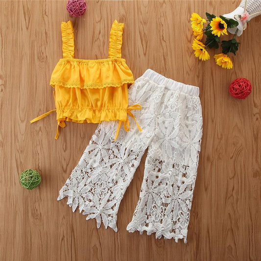 Girls' Yellow Camisole & White Lace Trouser Outfit Set