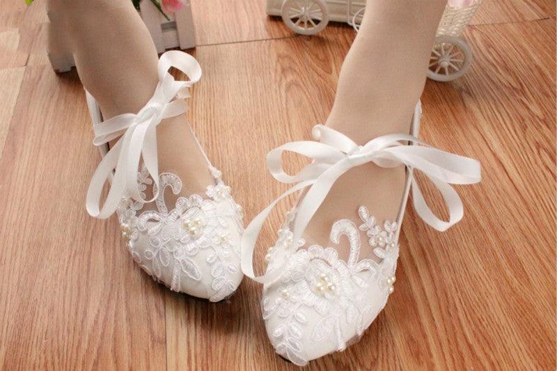 wedding bridal shoes White flat lace