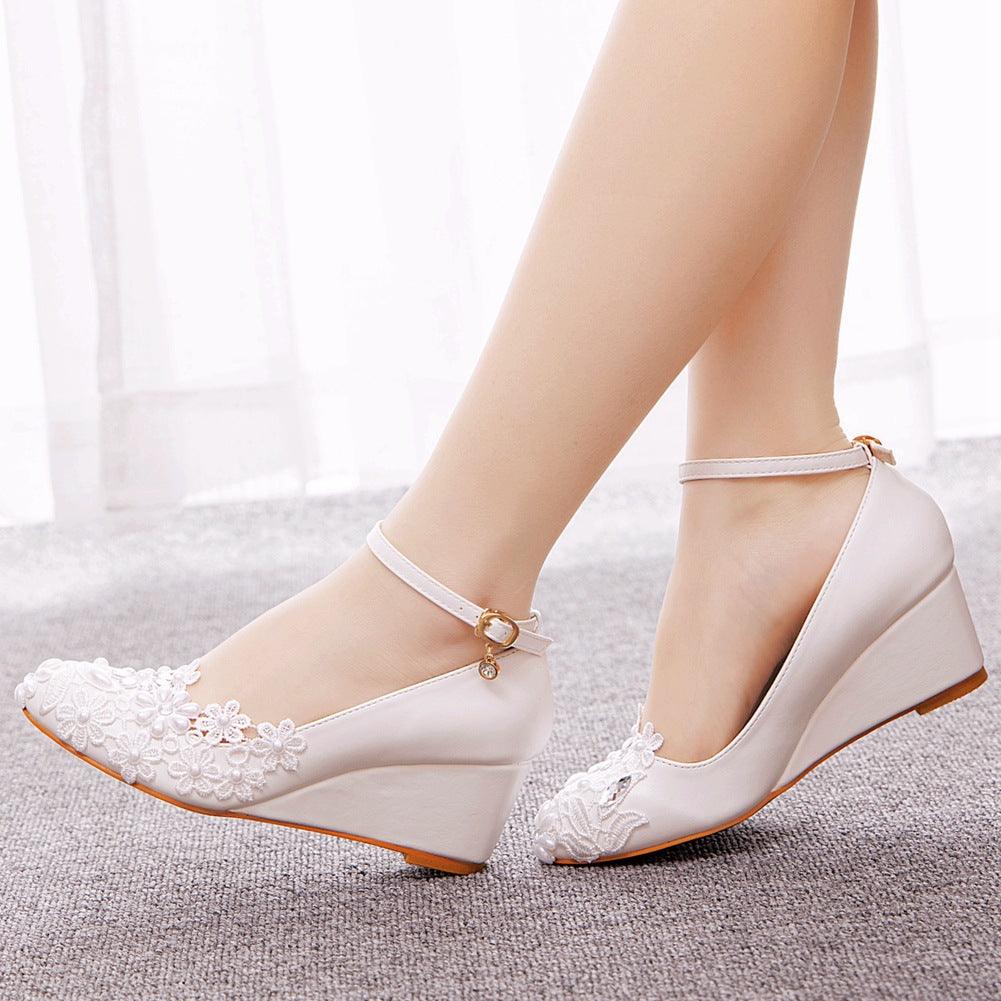 Bridal Wedge Shoe With White Round Toe Flower Detailed With Strap