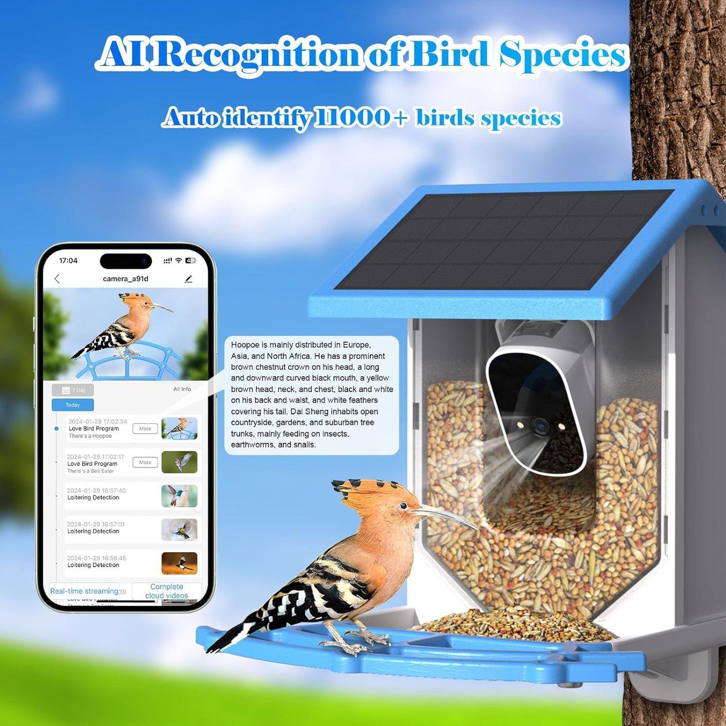 Smart Bird Feeder With Camera,Solar-Powered WiFi 4MP Live Camera,AI Identify,Auto Capture & Motion Detection