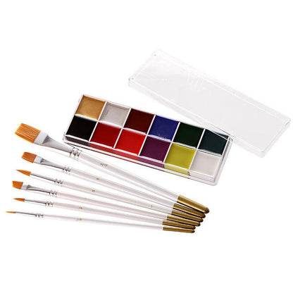 Fit Colours12-colour face paint palette that is water-soluble and suitable for body painting.