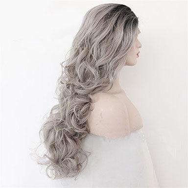 Head Coverings Ladies Two-tone synthetic lace wig in grey and black Ombre with long, wavy, curly hair.