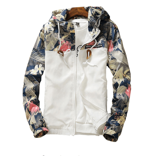 Men Light Floral Print Hooded Jacket Summer Trend Flower Coat