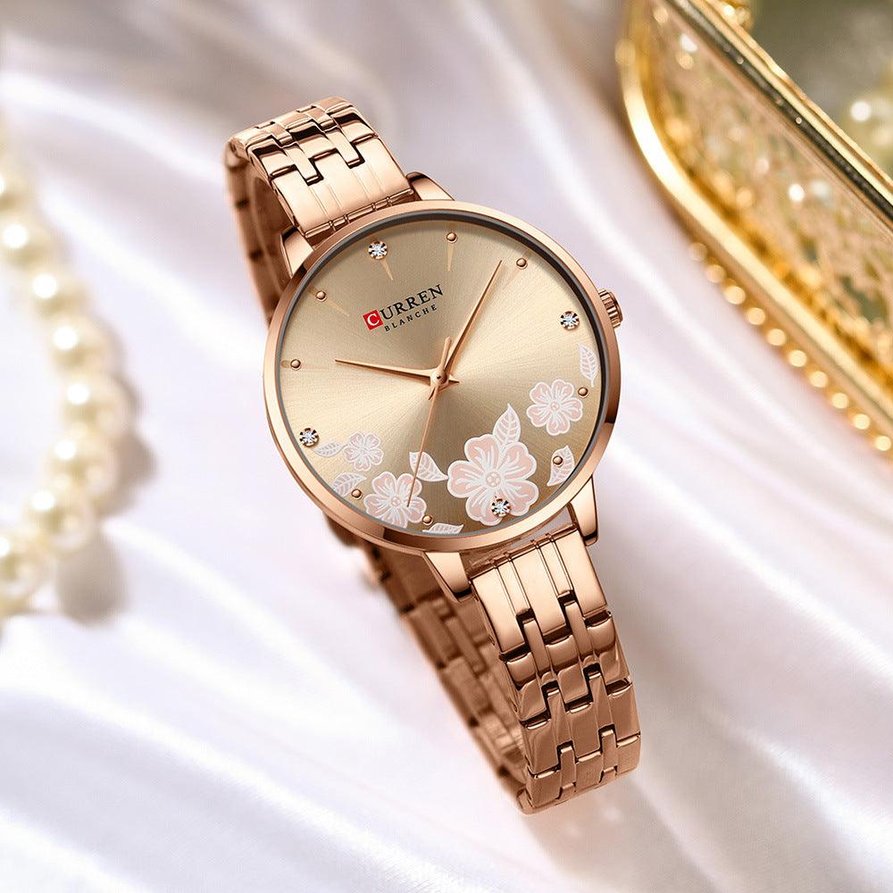 Quartz Watch Elegant Steel Belt Flower - Ladies