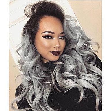 Head Coverings Ladies Two-tone synthetic lace wig in grey and black Ombre with long, wavy, curly hair.