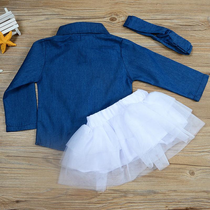 Girls Denim Jacket  Shirt Mesh Skirt & Headband 3 Pc Suit 1-3Yrs