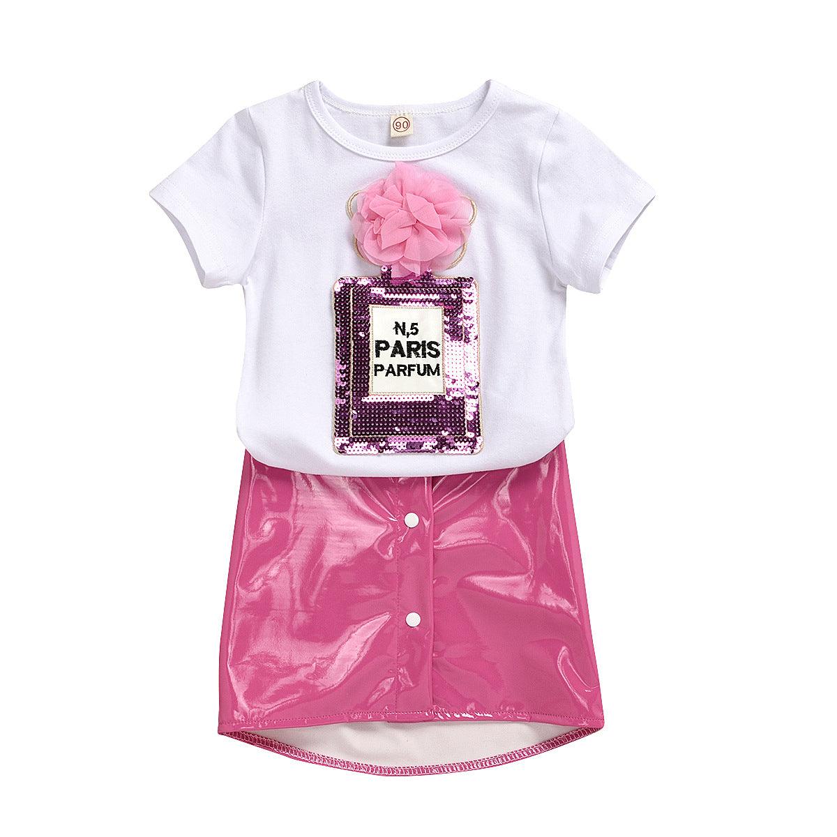 Girls' Sequined Cartoon Embroidery Short-sleeved Top Leather Stretch Skirt Outfit Sets