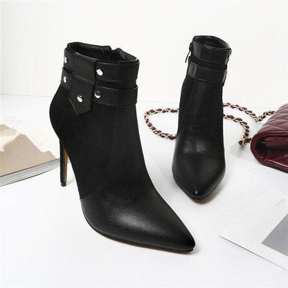 Ladies Retro Buckle Strap Rivets Ankle High Heel Boots Plus Size-Stiletto