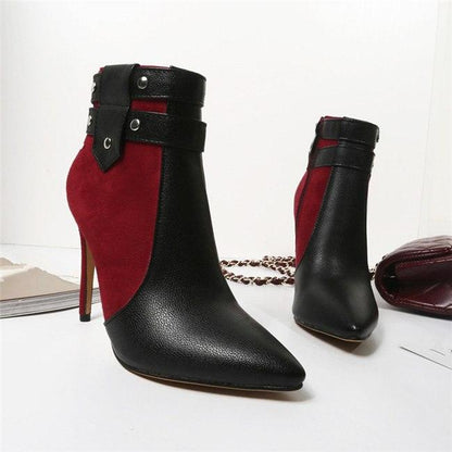 Ladies Retro Buckle Strap Rivets Ankle High Heel Boots Plus Size-Stiletto