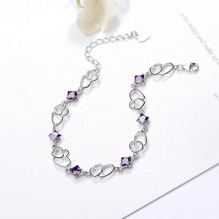 Amethyst Bracelet Silver Bracelet Double Heart