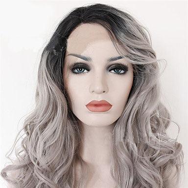 Head Coverings Ladies Two-tone synthetic lace wig in grey and black Ombre with long, wavy, curly hair.