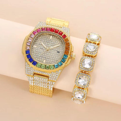 Quartz Wrist Watch Beautiful Full Diamond Inlaid Steel Square Belt - Ladies