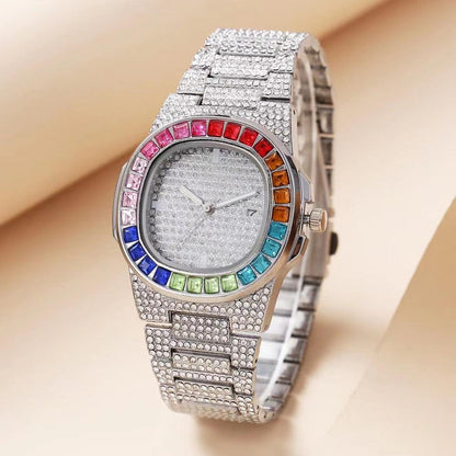 Quartz Wrist Watch Beautiful Full Diamond Inlaid Steel Square Belt - Ladies