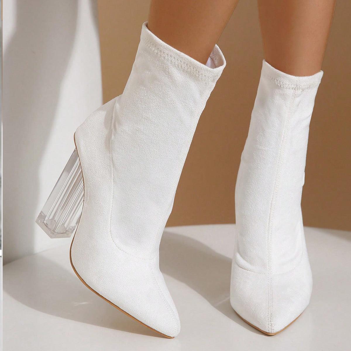 Ladies Crystal Heel Elastic Mid-Calf Slim-Foot Boots