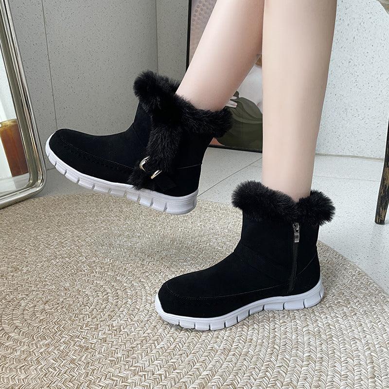 Ladies Warm Plush Ankle Snow Boots With Buckle Design